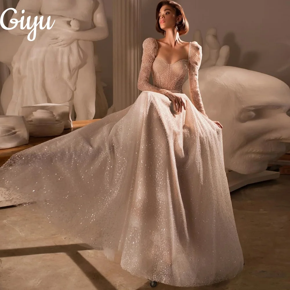

Giyu Exquisite Sparkly Lace A Line Wedding Dresses Long Sleeve 2025 Bridal Gown vestidos de novia Sweep Train Customsied 2025