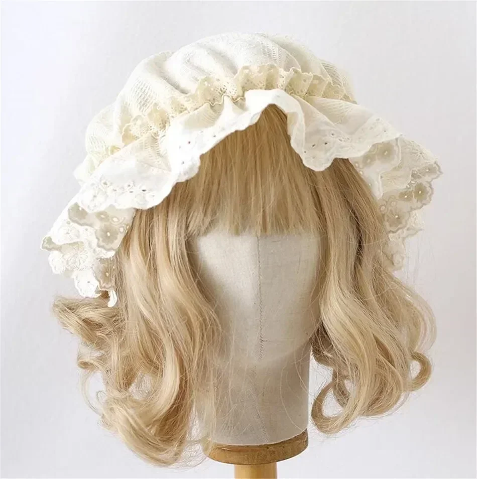 Muñeca japonesa con sentido bonito y dulce retro para niña/señora, tocado hecho a mano, estilo muñeca antigua, lazo de Lolita, visera beige con volantes/gorra de dormir
