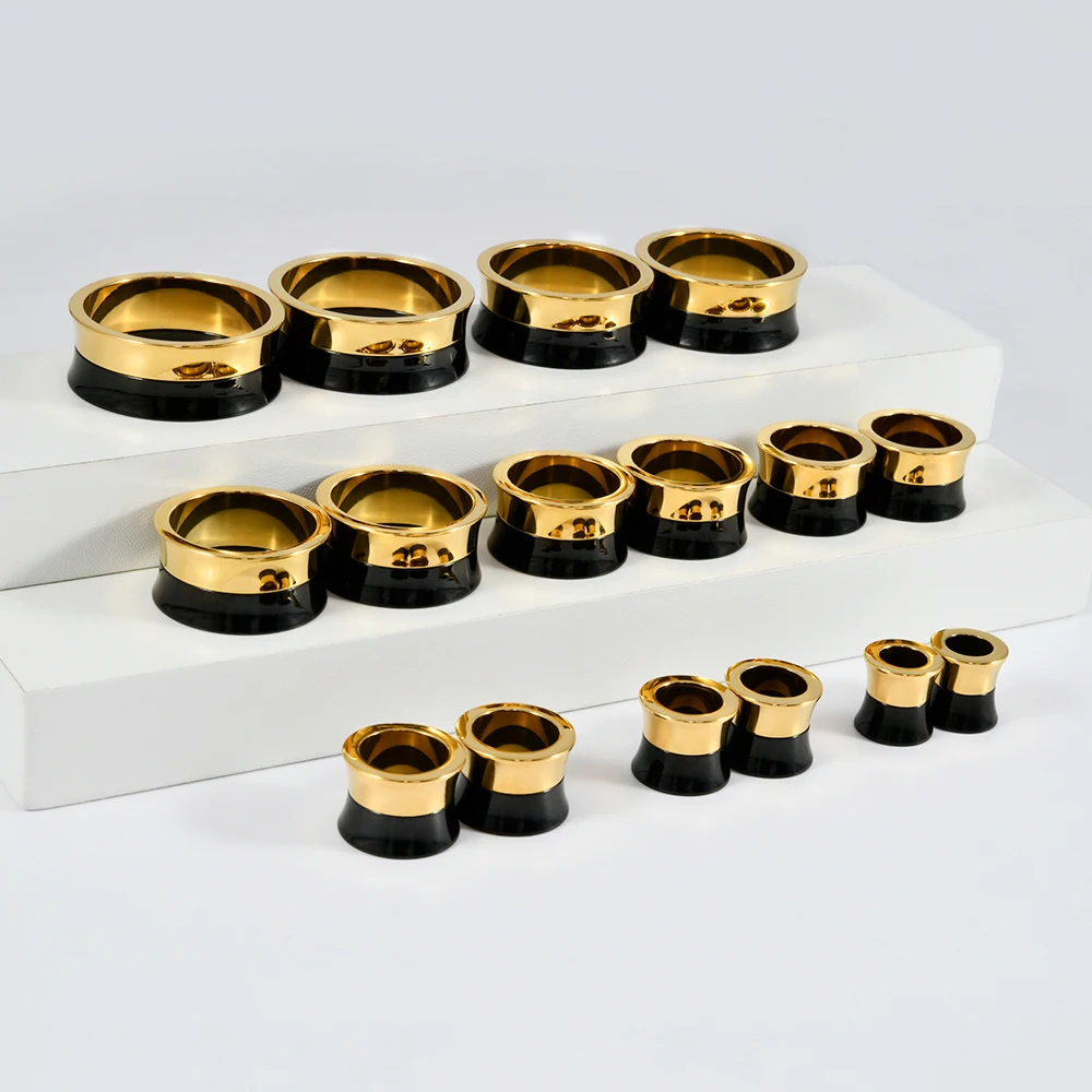 2-1 قطعة 2 في 1 مزدوج اللون أسود وذهبي مجوف متوهج لولبة داخلية أنفاق الأذن مقياس الصلب ستريشر توسيع السرج الأذن المقابس