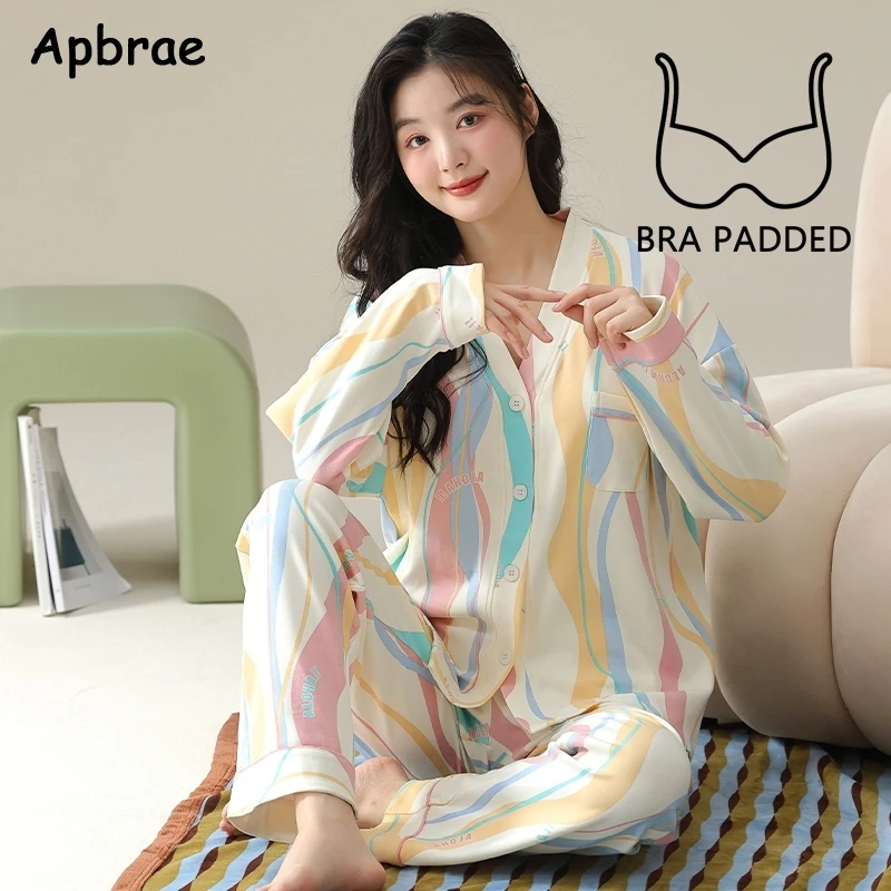 New Autumn Sweet Girl Kimono Pajamas with Bra Pads Long Sleeves Full Pants Pyjamas Cardigan Cotton Pajama Sets Woman Nightwear