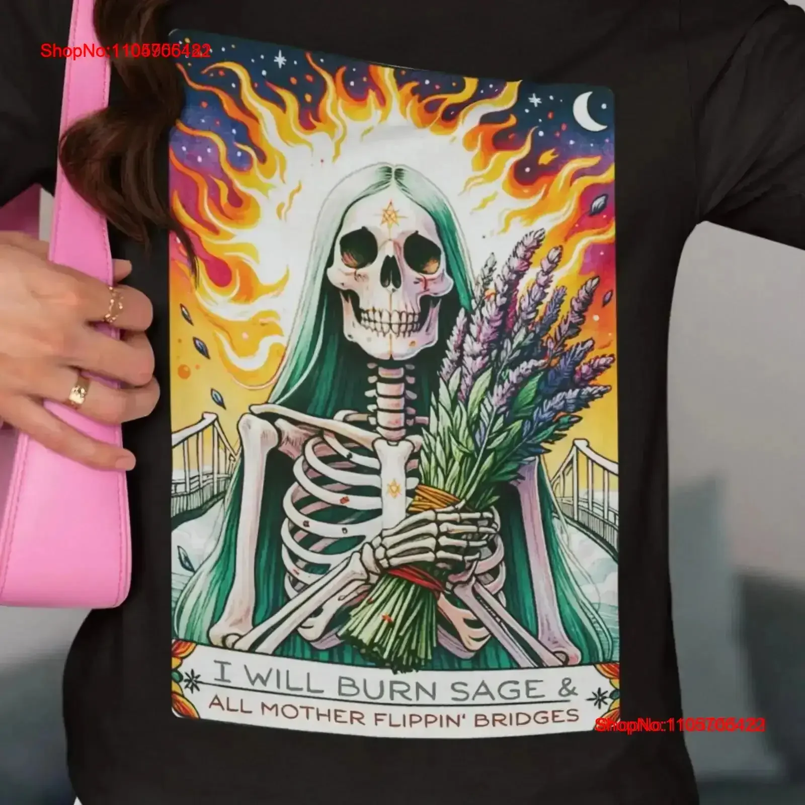 Tarot Card Inspired Sarcastic Skeleton T Shirt Burn Sage and Bridges Lavender Funny Spiritual Fun Message vintage Washed homme