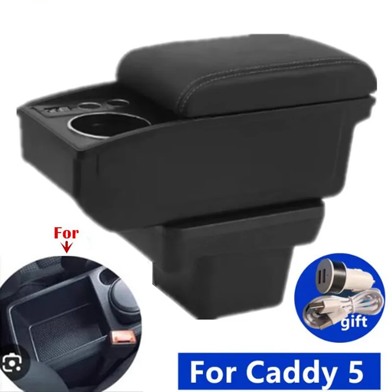 Für Volkswagen Caddy 5 Auto-Armlehnenbox Für Caddy 5 2024 Armlehnenbox Doppelschichtige Aufbewahrungsbox Getränkehalter Nachrüst-Autozubehör