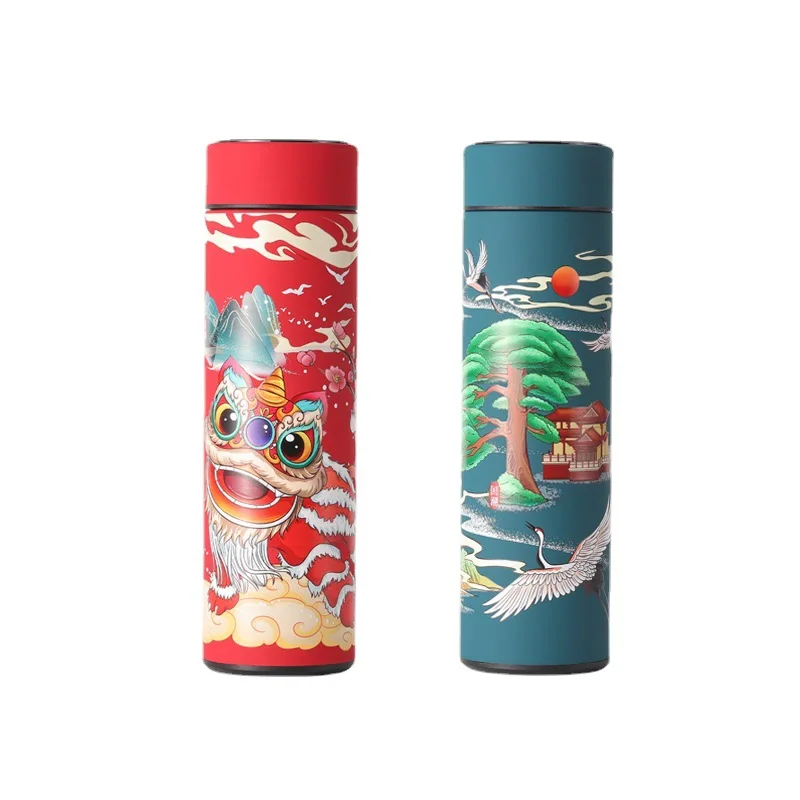 New Intelligent insulation cup China-Chic style original illustration lion fish dragon red Chinese style ancient