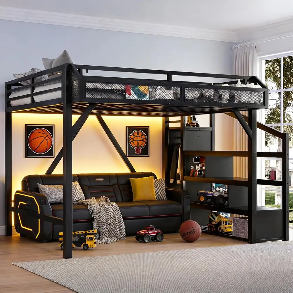 

Металлическая кровать размера Queen с лестницей, шкафом, светодиодной подсветкой и зарядной станцией для детей, подростков и взрослых - черный цвет под дерево