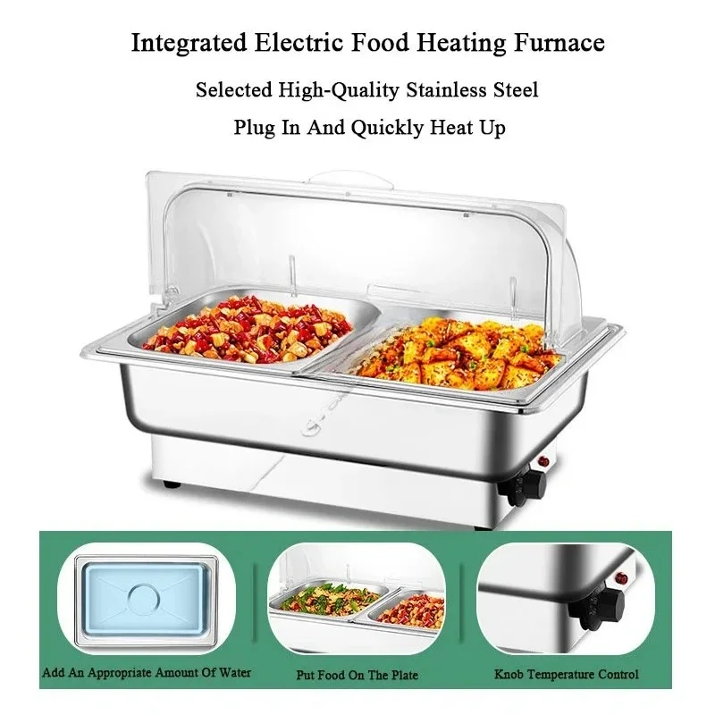

9L Buffet Stove Integrated Electric Heating Stainless Steel Visible Flip Cover Insulation Stove Square Breakfast Stove
