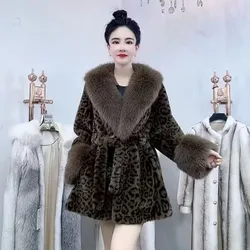 2024 New Leopard Print Fur Coat Winter European Mink Fur Long fur Collar Fashionable And Slim Stylish And Stylish Mother's Style