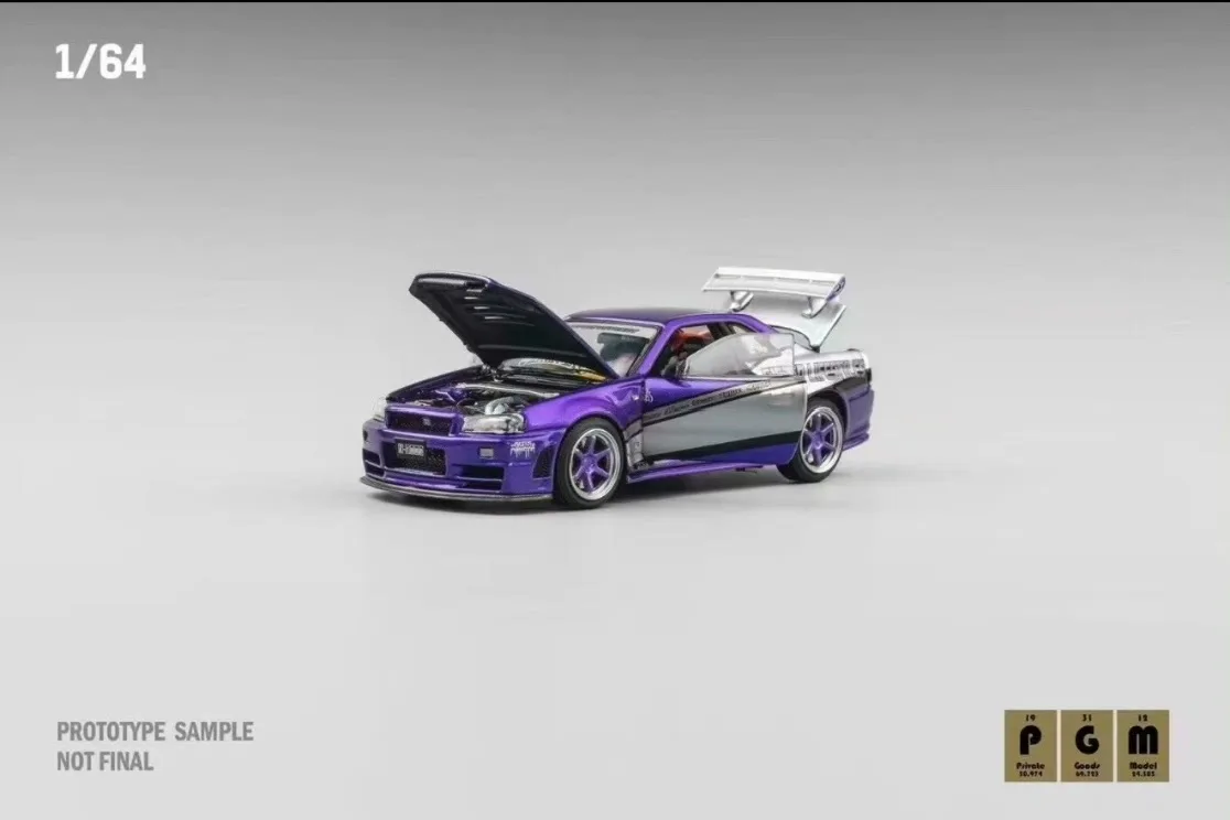 

PGM 1:64 GTR R34 Z-tune 2025 HEC Candy Purple Simulation Limited Edition All Open Alloy Metal Static Car Model Toy Gift