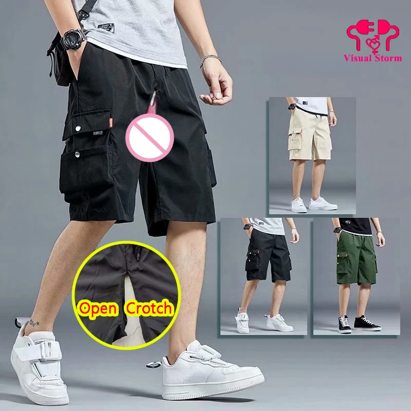 

2024 5XL Men Open Crotch Mini Cargo Pants Invisable Zippers Loosed Pockets Fashion Leggings Korean Style Crotchless Clubwear