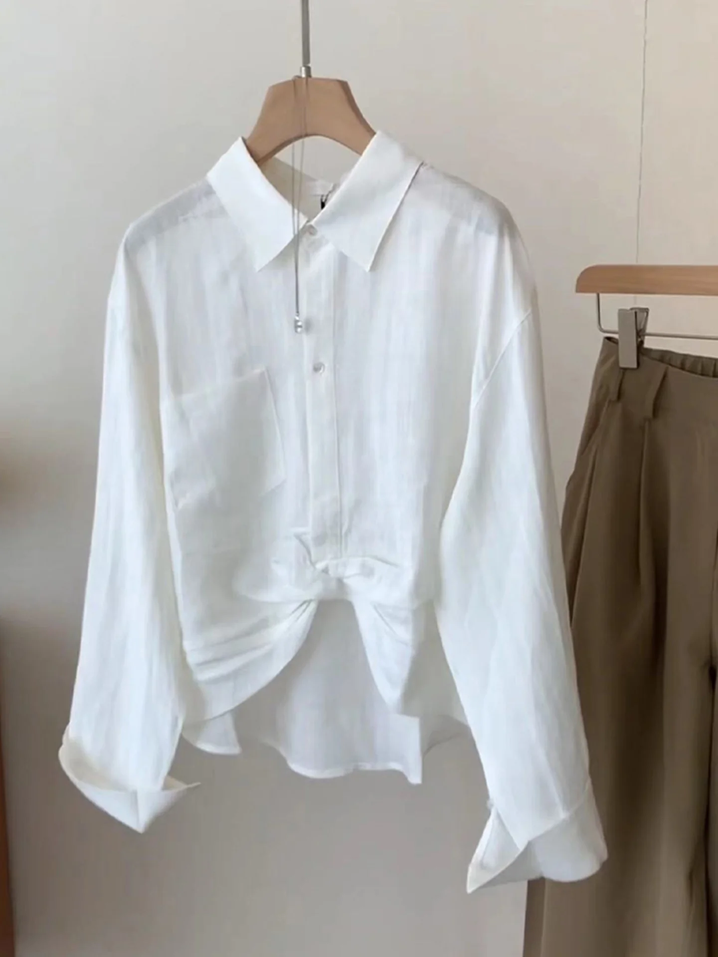 

Summer Commute Sle Women's Long Sve Pure Color irt Twist Design Casual Flattering oulder Length Commuter Chiffon irt