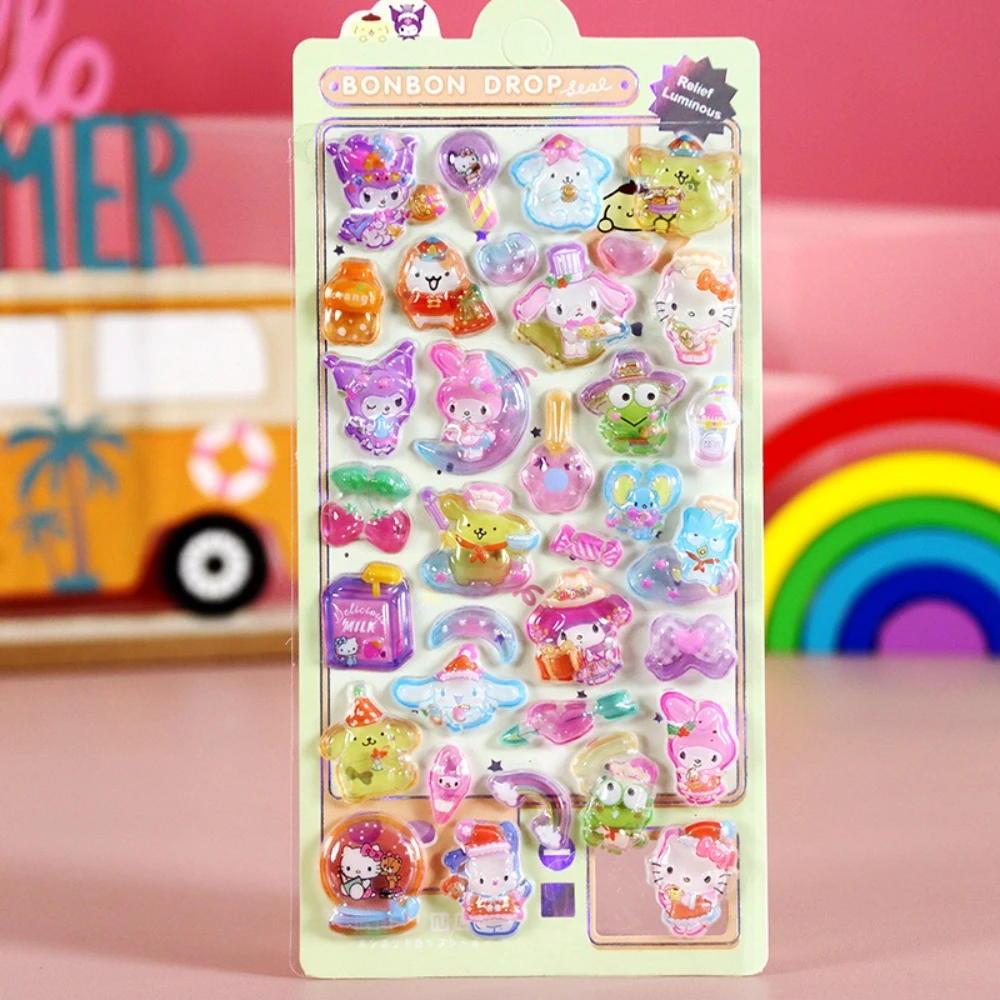 Personnages de dessins animés Sanrio Kuromi 3D autocollants lumineux en relief tridimensionnels autocollants de jouets créatifs mignons pour enfants en gros