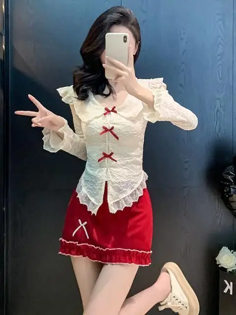 Spring Autumn Korean Style Sweet And Spicy Doll Machine Collar Dress Set Rich Girl Miu Series Outfit High Waist Slim Fit Skirt
