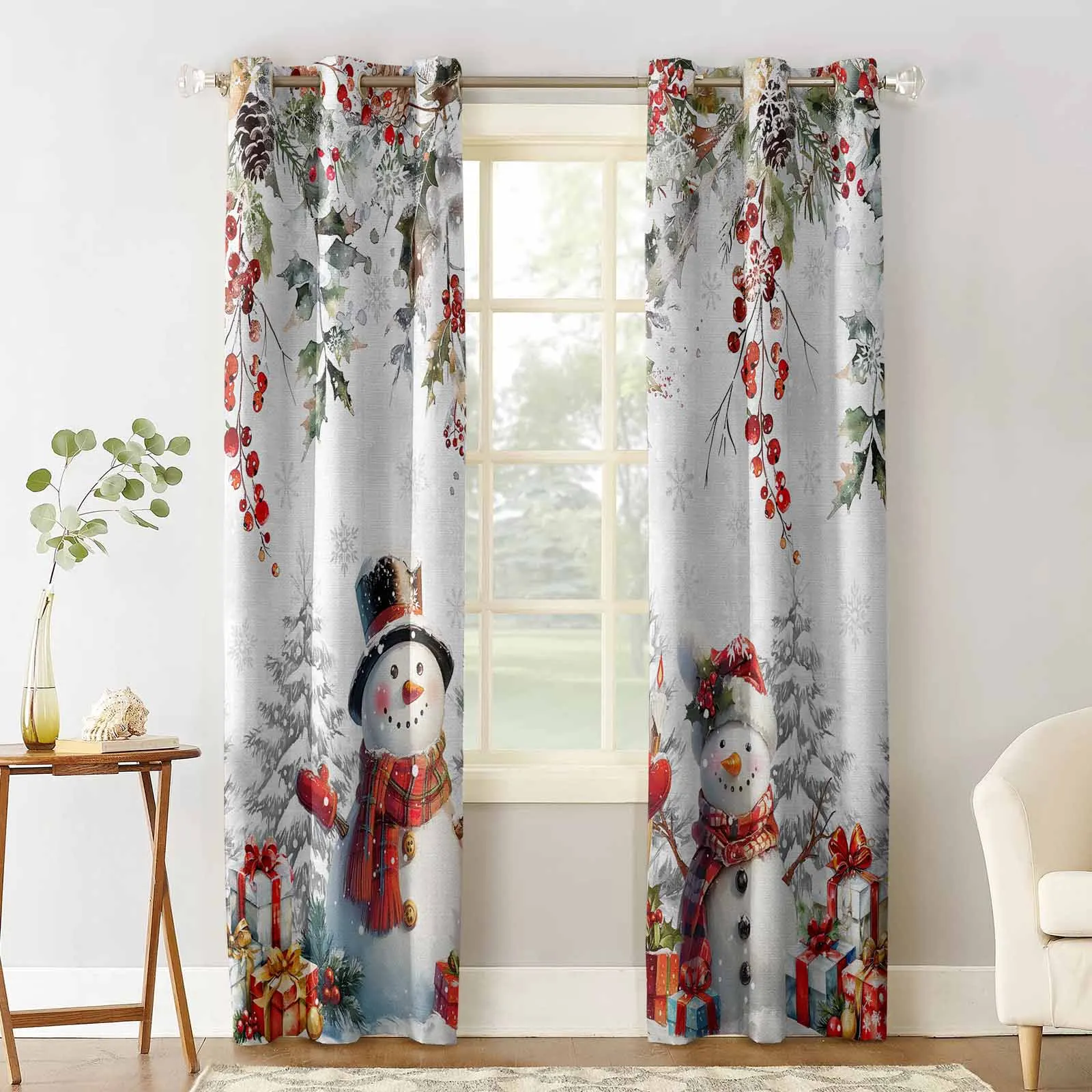 Christmas Pine Berry Eucalyptus Leaf Snowman Curtains For Kitchen Bedroom Window Treatment Curtains For Living Room Home Decor