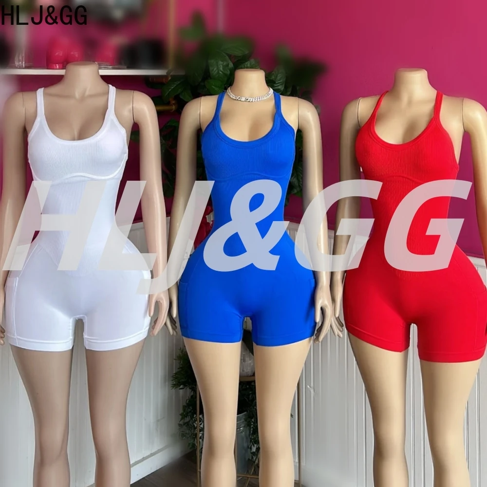 

HLJ&GG Women Bodysuits Stretch Sporty One Piece Rompers Women Sleeveless Backless Slim Jumpsuits Summer New Solid Yoga Overalls