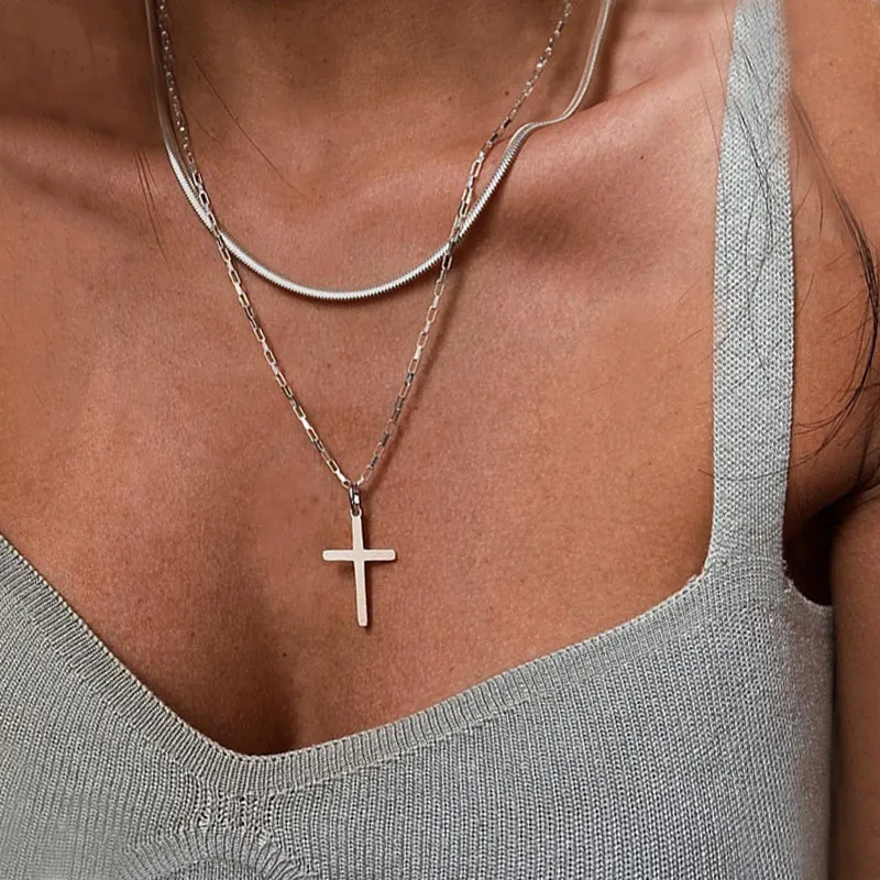 Vintage Cross Pendant Necklace for Women Men Double-Layer Silver Color Plated Simple Twisted Chain Jewelry Party Gift Wholesale