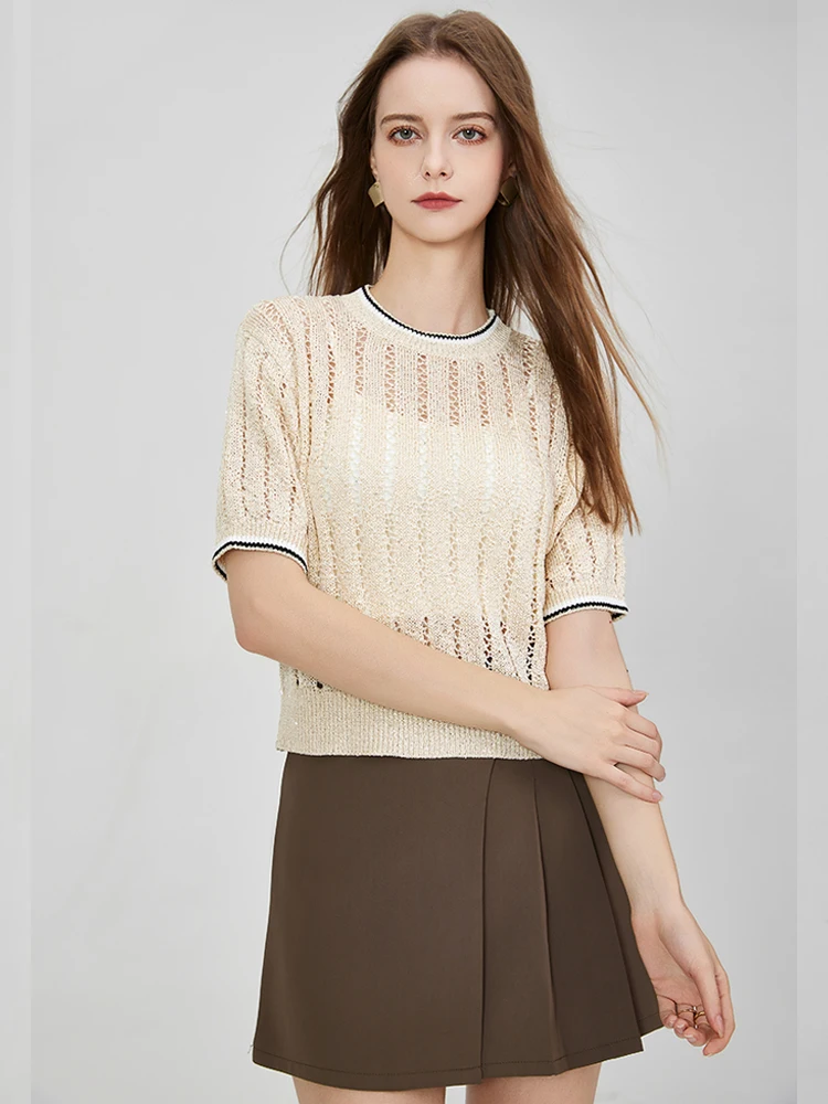 2025 New Women Round Neck Short Sleeve Solid Color Hollow Elegant Contrasting Short Knitted Sweater