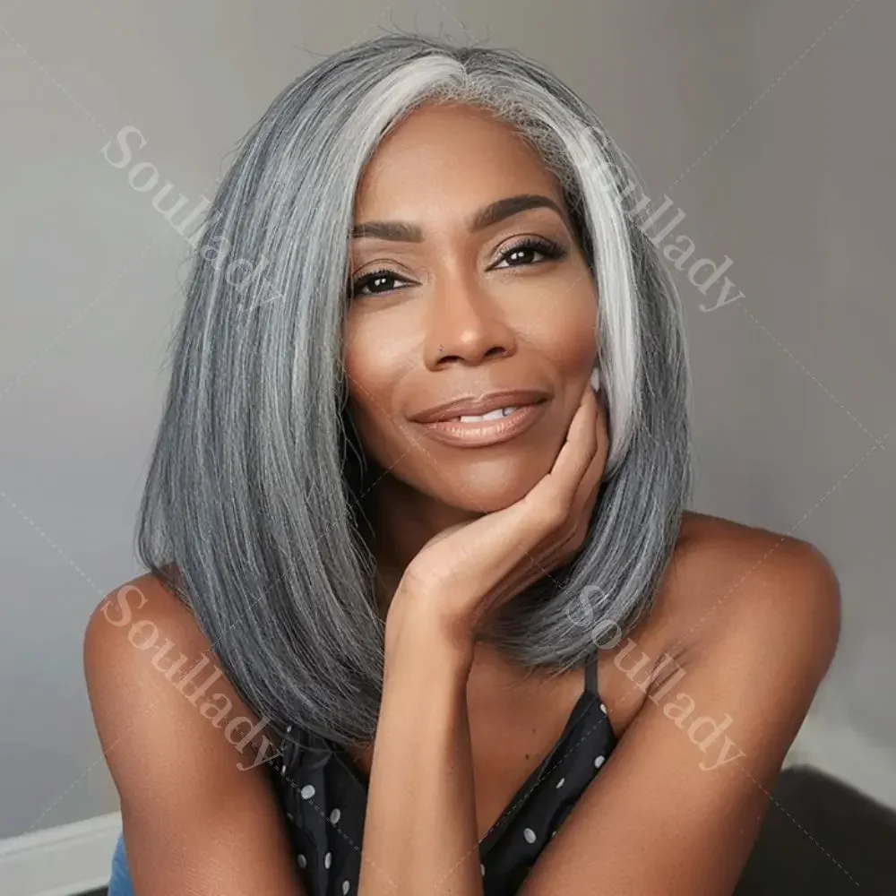

Soul Lady Wigs Salt And Pepper Straight Bob Wig For Seniors More Grey Real Human Hair 5x5 HD Lace Closure Wigs For Women Over 50