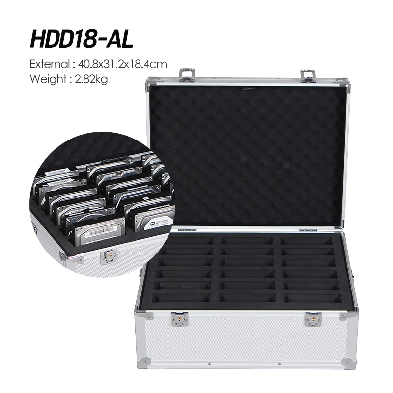 حقيبة تخزين HDD18-AL مقاس 40.8 × 31.2 × 18.4 سم من الألومنيوم الاحترافي - صندوق حمل آمن مقاوم للصدمات لمحركات الأقراص الصلبة مقاس 3.5 بوصة