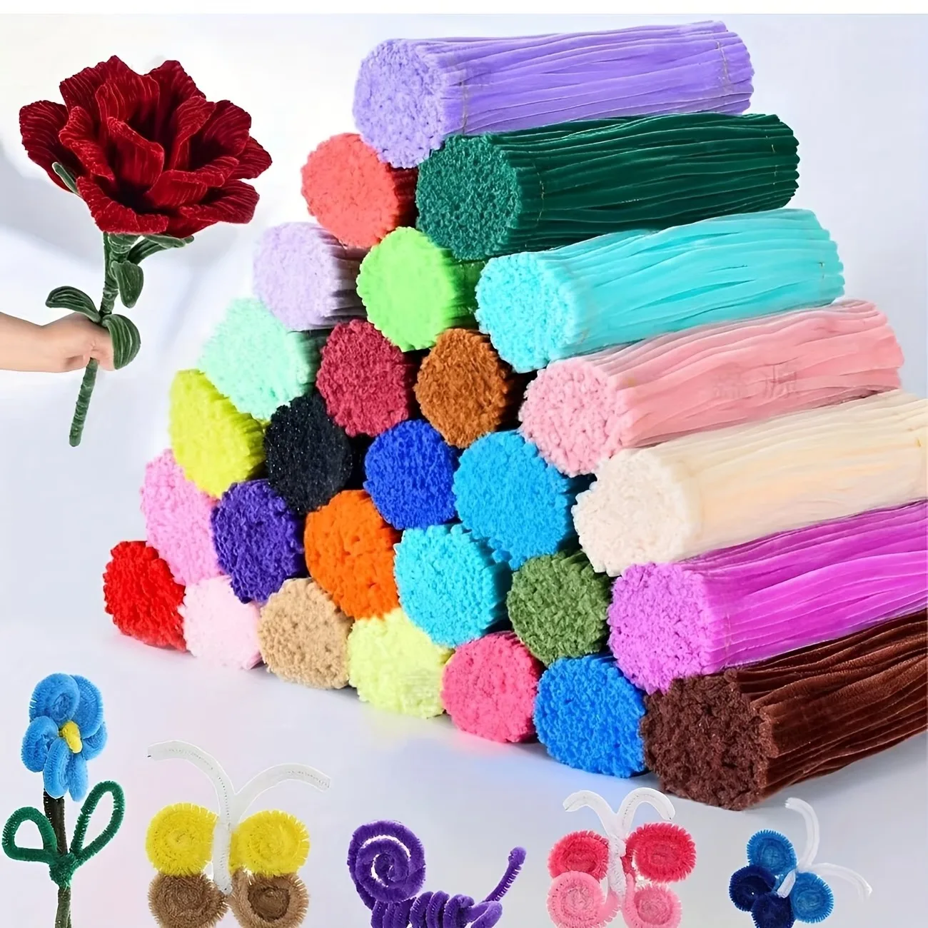 600 Stück Bunte Blumenstiel-Reinigungsstäbchen DIY Bastelset - Biegbare Drehstiele, Handgemachtes Kunstzubehör für Feiertagssträuße & Dekoration