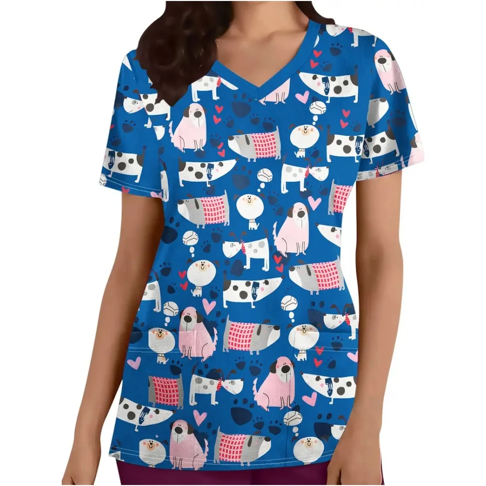 Medical Uniform for Women Cute Animal Pattern V-Neck Vet Medico Fashion Short Sleeve Patch Pocket Dental Clinical Uniform Woman