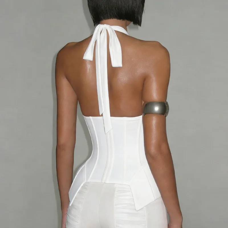 Women Solid Grommet Lace Up Asymmetrical Corset Tank Tops Fashion Deep V Neck Lace Up Halter Backless Slim Fishbone Vests