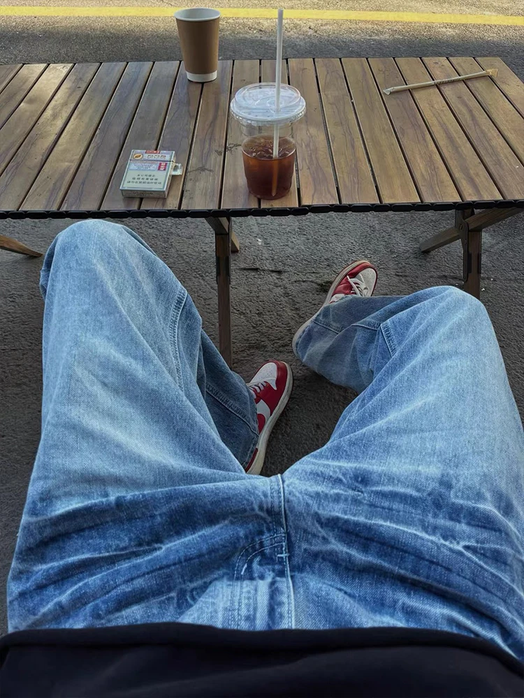 

Мужские джинсы Blue Lightning Wave Ice Blue, прямые брюки-клеш в американском стиле High Street, повседневные молодежные джинсы CleanFit