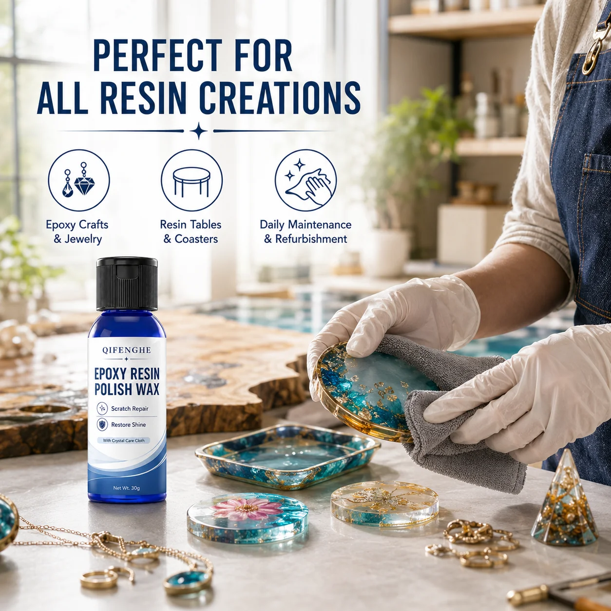 30g Epoxy Resin Polishing Wax Scratch Remover Oxidation Cleaner Surface Restorer High Gloss Shine Polish with Crystal Care Cloth