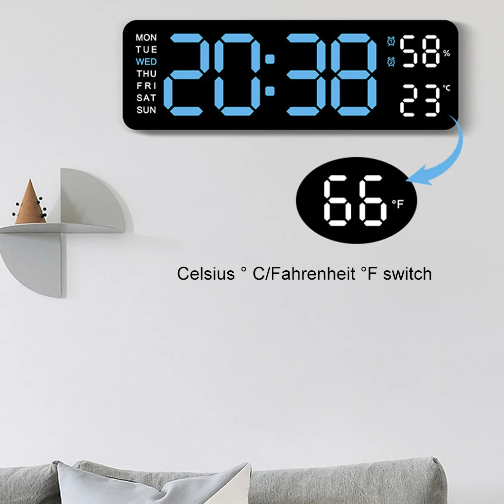 Large Digital Wall-mounted Clock Electronic Alarm Clock Adjustable Brightness Temp Date Week Display Dual Alarms LED Clock Decor