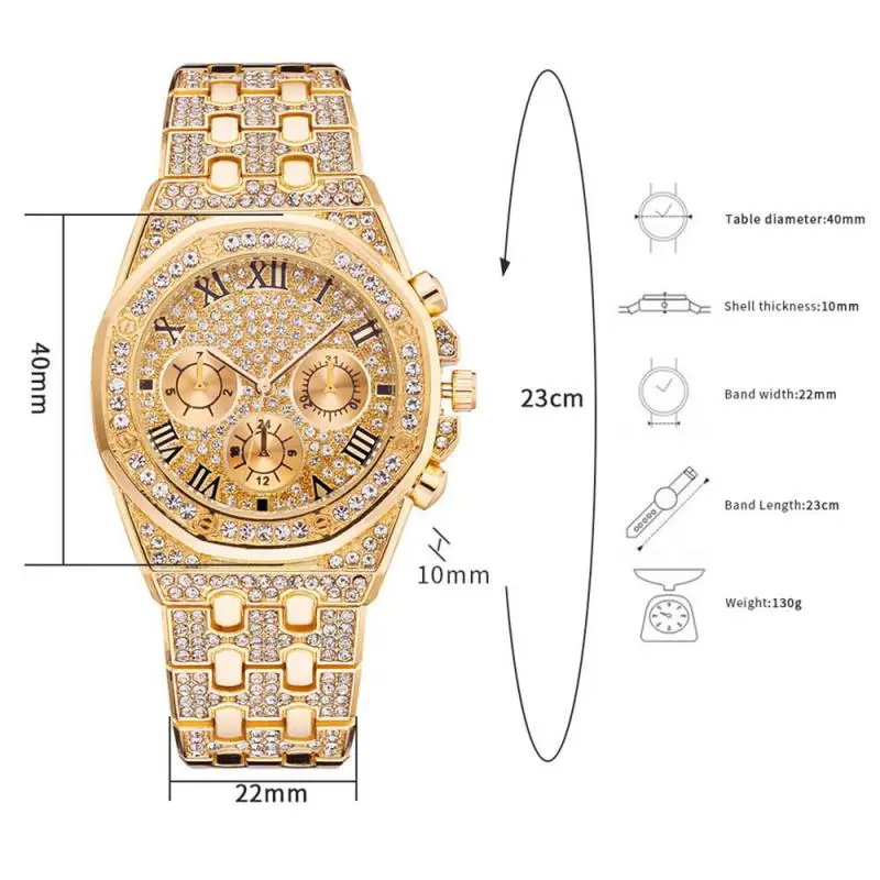 Men\'s Watch Fashion Luxury Three-eye Full Diamond Roman Pattern Stainless Steel Diamond Multi-function Casual Quartz Watch