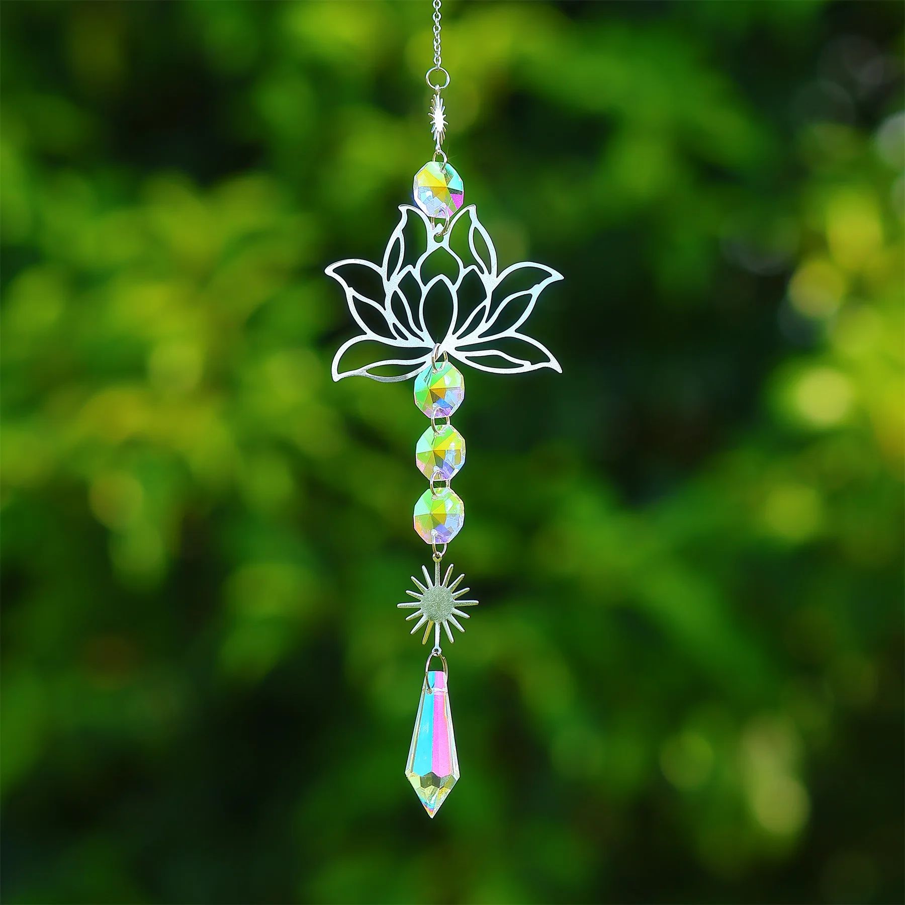 

F5 MetalLotusandArtificial Crystal Suncatcher Charm Handmade Applicable Home Wind Chime Pendant Outdoor Garden Plant Decor Xmas