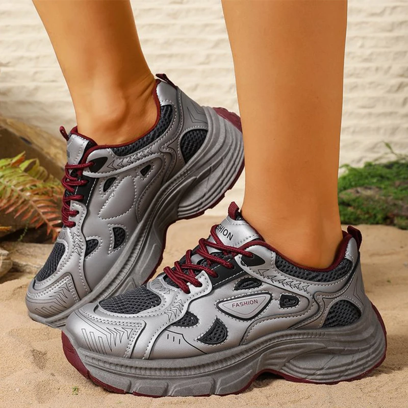 

Дышащие кроссовки с красной сеткой для женщин, весенне-осенняя спортивная повседневная обувь на толстой подошве со шнуровкой, женская лоскутная вулканизированная обувь
