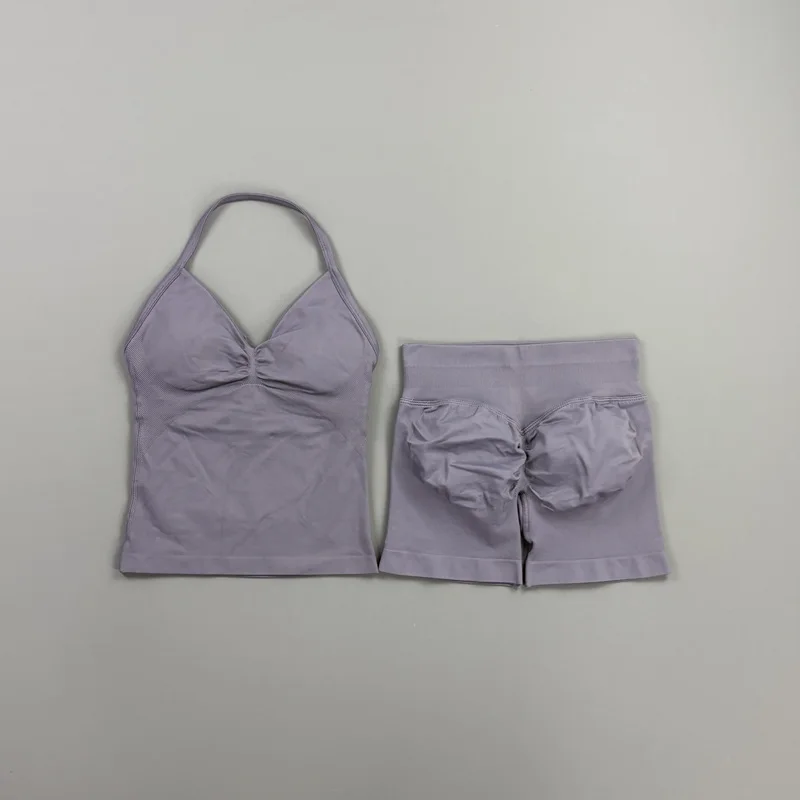 2-teiliges HISTELLO Impact Set für Damen, GYM Longline Strappy Top, nahtloses Yoga-Set, Scrunch Butt Sportshorts, Workout-Fitness-Anzug – Detail 28