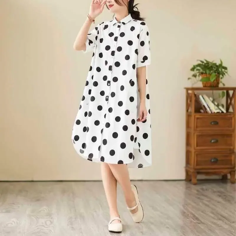 Abito camicia a pois Donna Stile coreano Abiti larghi slim oversize Moda casual Abito a maniche corte di media lunghezza Tendenza estiva