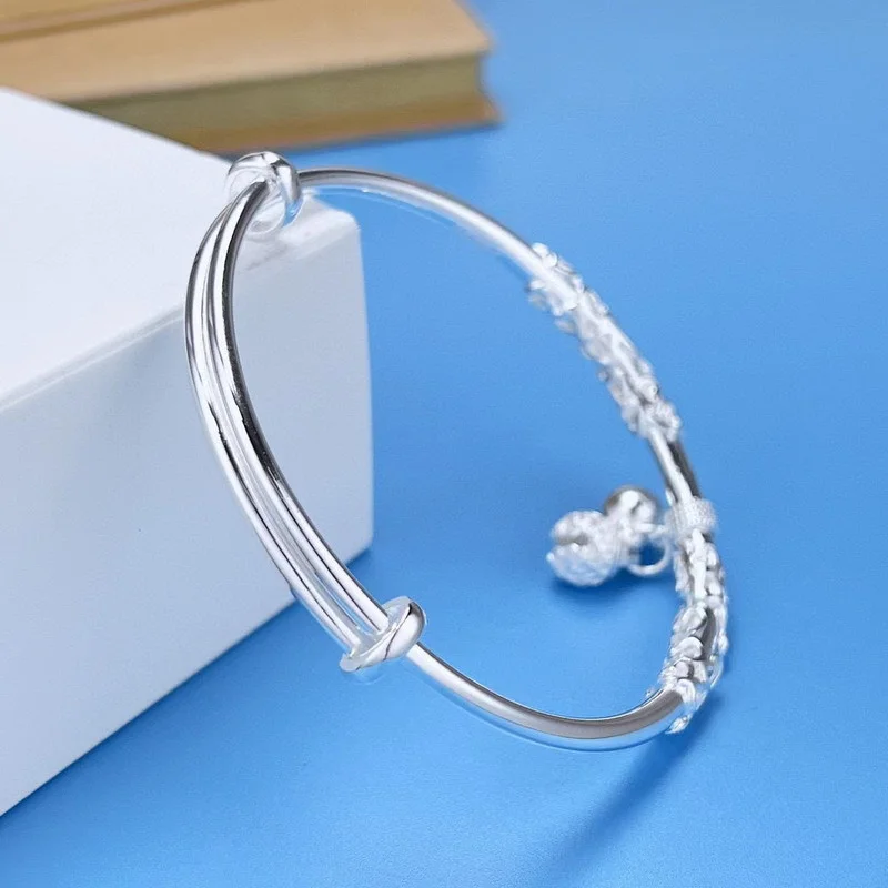 Elegant Ladies 999 Fine Silver Sliding Adjustable Bracelet Hand Carved Relief Twisted Vine Pattern Hollow Flower Ball & Tinkling