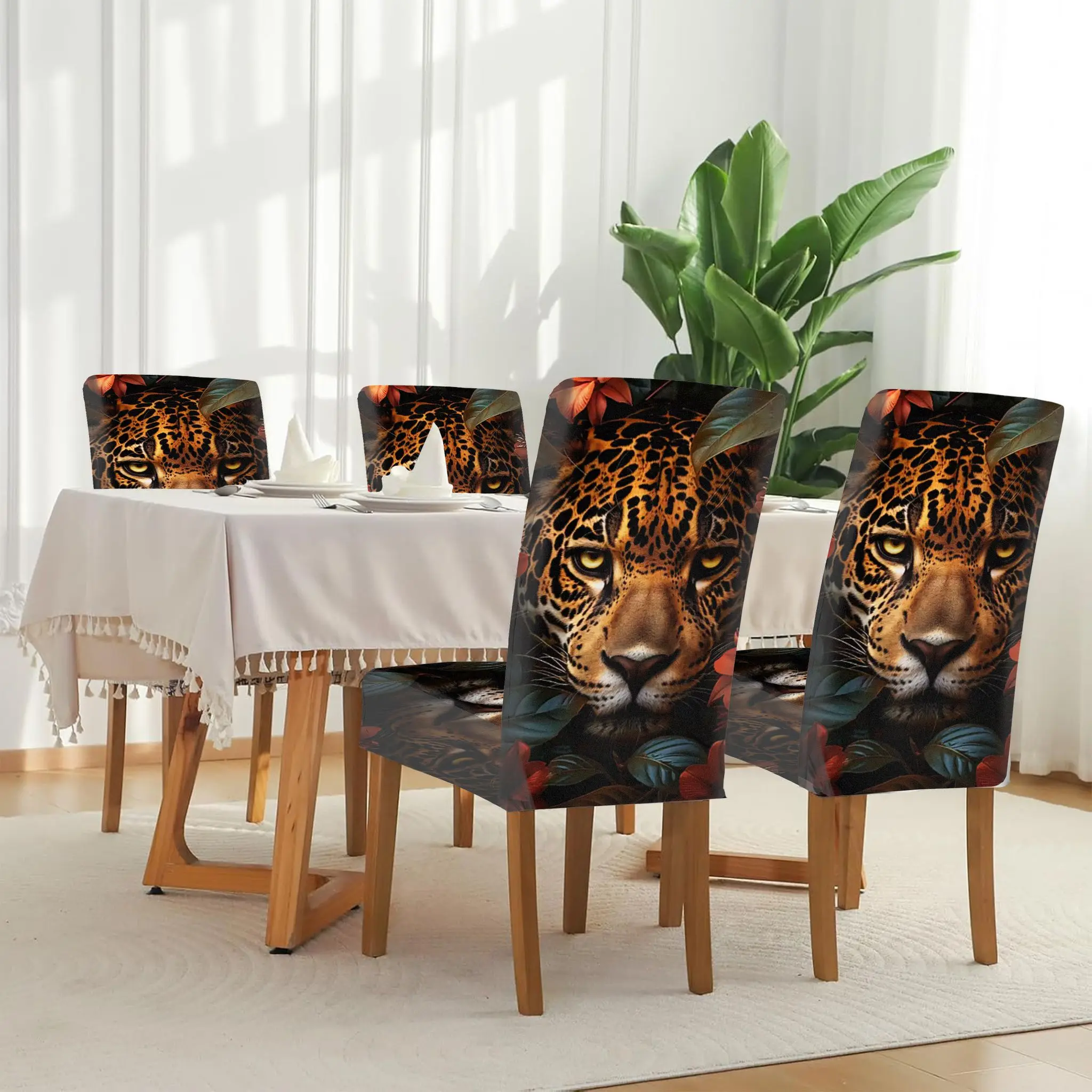

Stretch Dining Chair Cover Beautiful Jaguar Close-up with Tropical Plants Removable, Washable, Home Dining Chair Cover