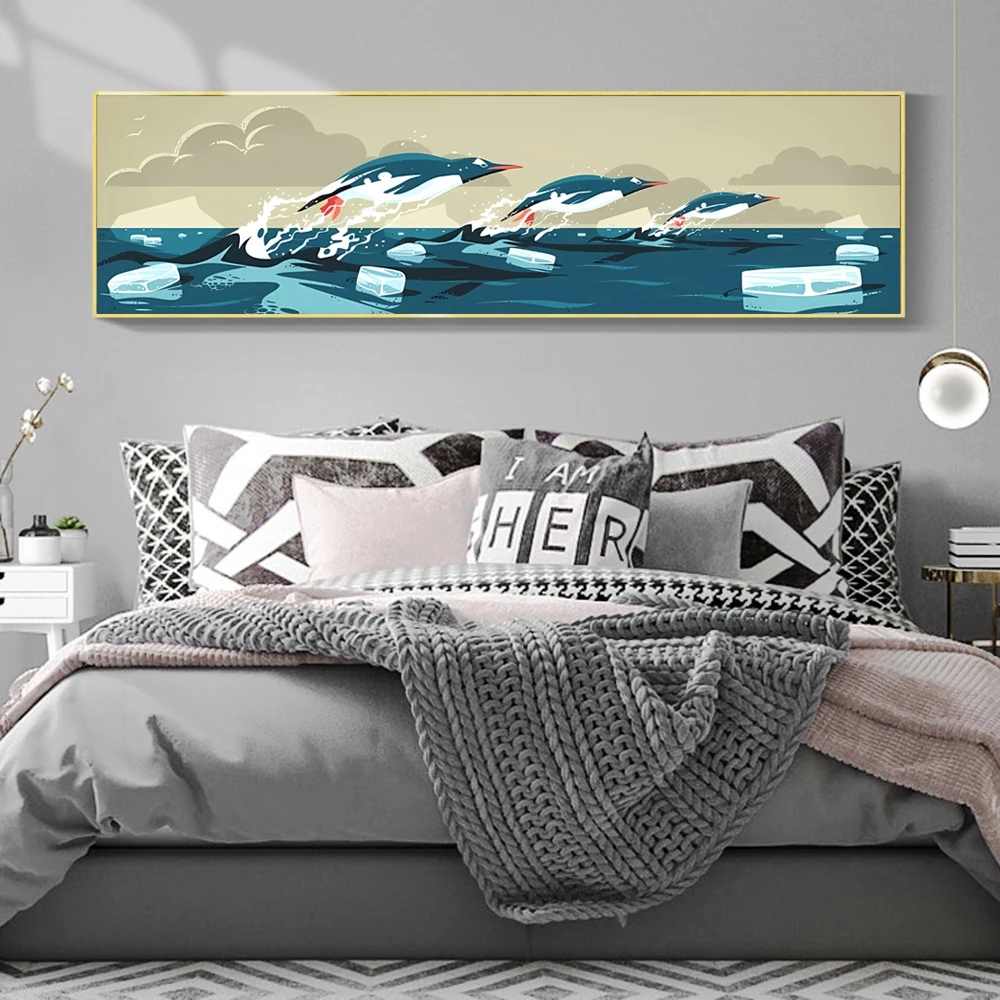 Abstract Antarctic Glacier Penguins crossing the Sea Poster Prints  Cartoon Canvas Painting Wall Art for Kis Bedroom Home Decor