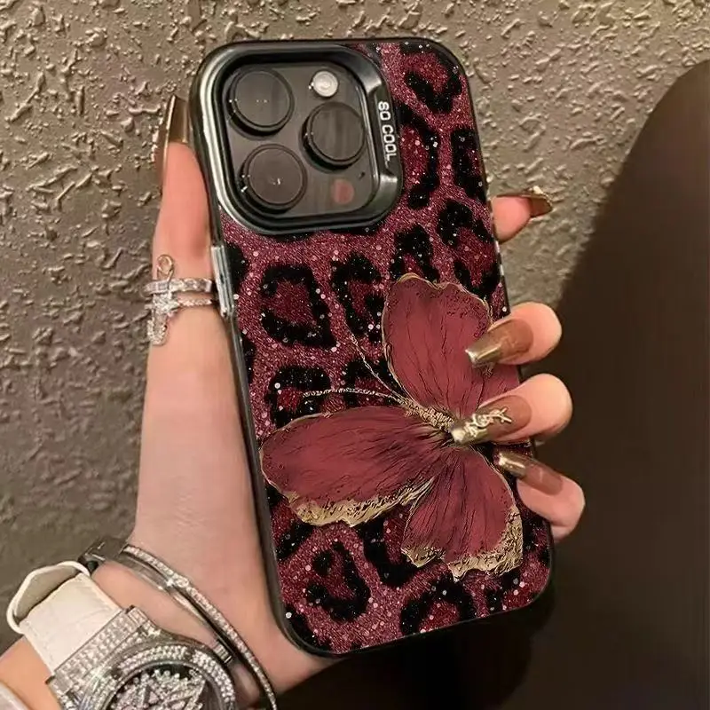 Wine Red Leopard Print Golden Butterfly Phone Case For Samsung S26 S25 FE S24 Plus S23 Ultra S22 S21 Glitter Shockproof Cover