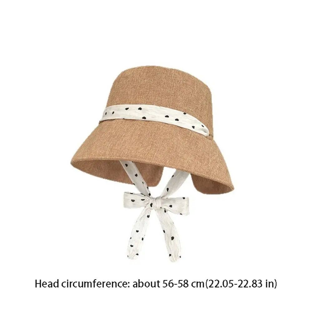 Casual Polka Dot Ribbon Women Fisherman Hat Solid Color Wide Brim Summer Sun Hat Breathable Cotton Bucket Hat Beach 5