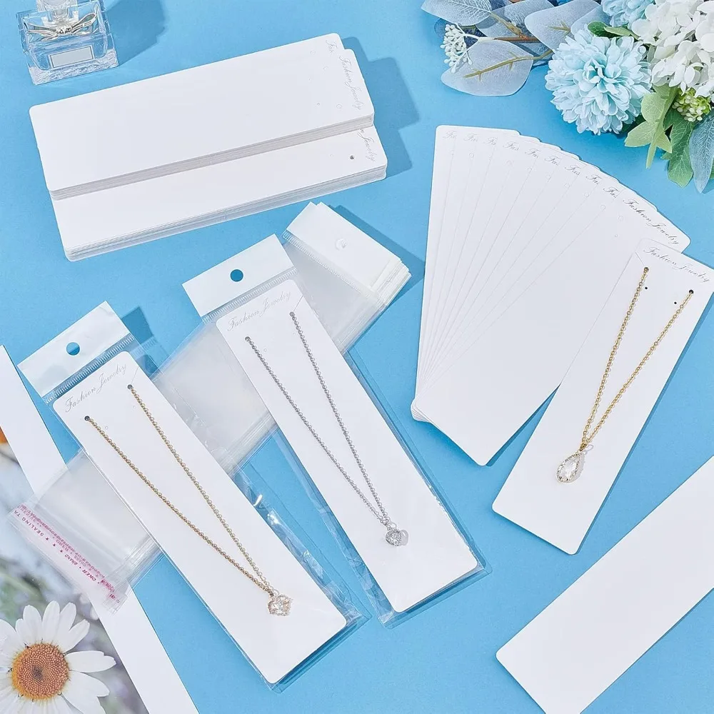 100pcs Necklace Display Card Set Cardboard Paper Cards White Rectangle Display Tags with Self Adhesive Bags Self-Sealing OPP