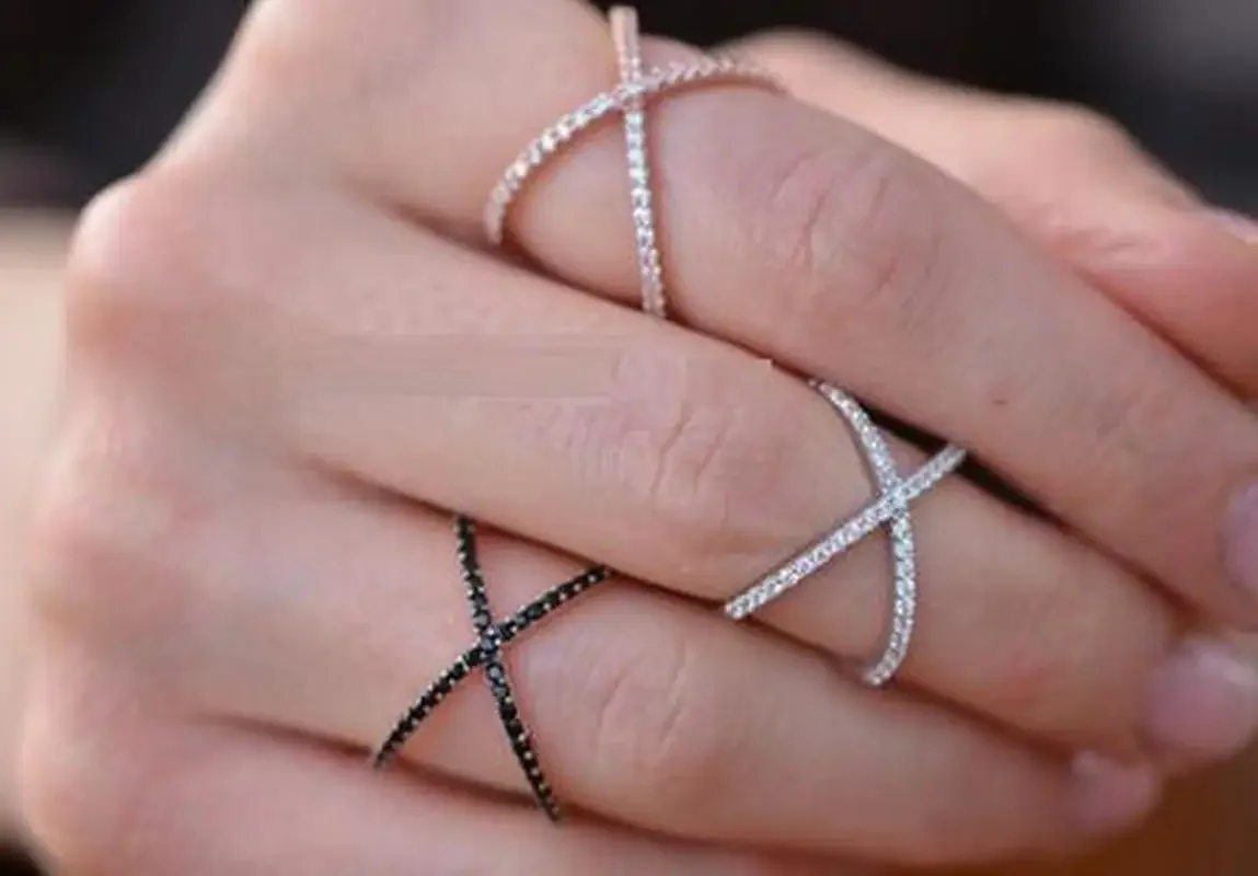 

Handmade 925 Sterling Silver Criss Cross X Cross Rings, Cross Rings, thin AAAAA Zircon rings,women wedding Micro Pave Ring
