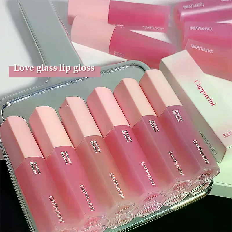 Cappuvini Love Heart Design Lip Glaze Mirror Water Light Glass Transparent Lip Gloss Moisturizing Female Cute Liquid Lipstick