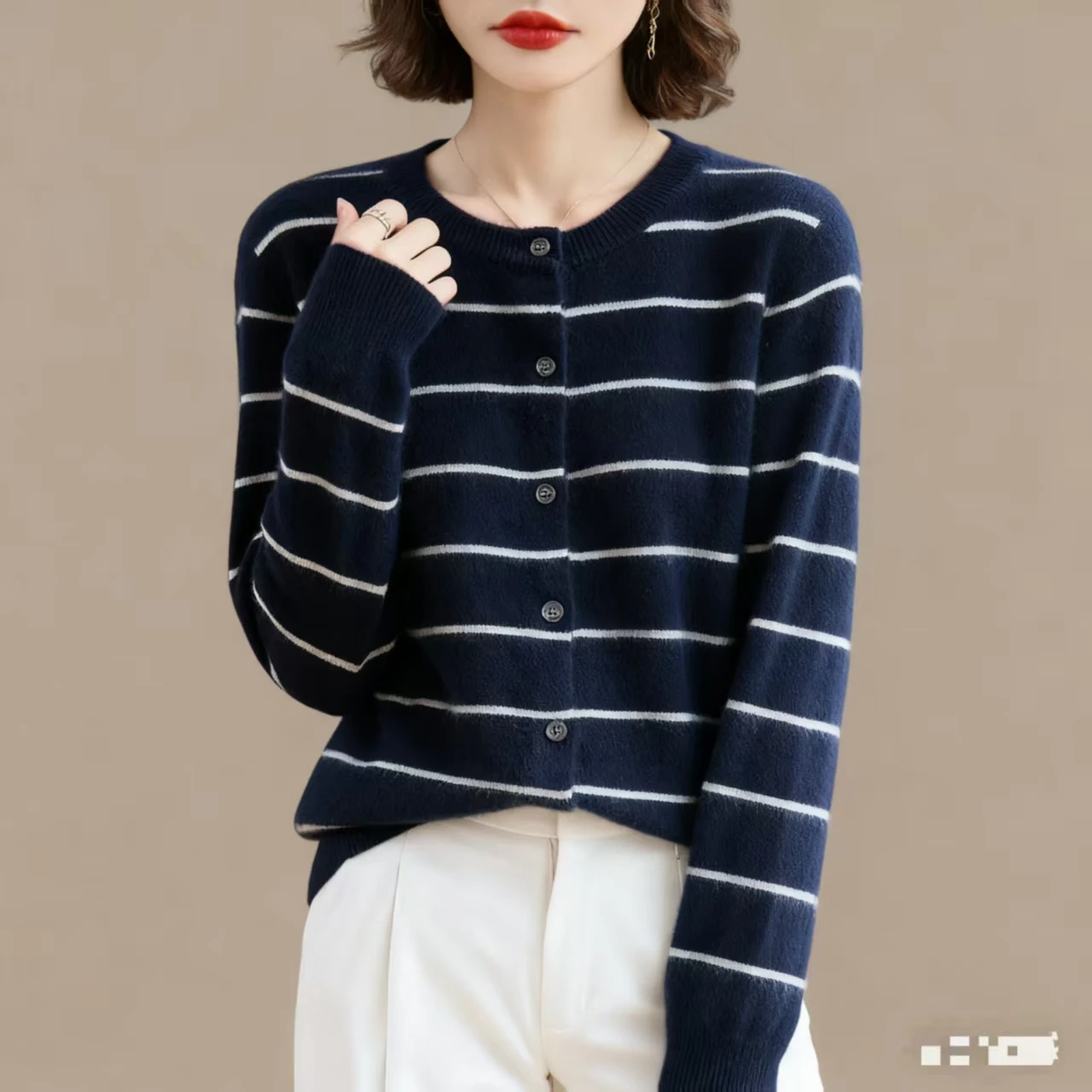 

100% Wool Cardigan Sweater Women O-neck Fine Striped Loose Fit Outwear basic Coat Autumn Winter Clashing Color Buttoned Jackets