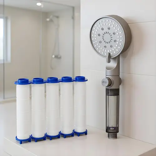 Cabezal de ducha con 5 filtros, cabezal de ducha filtrado de 5 modos de alta presión, rociador ajustable, lavado eléctrico incorporado para agua dura