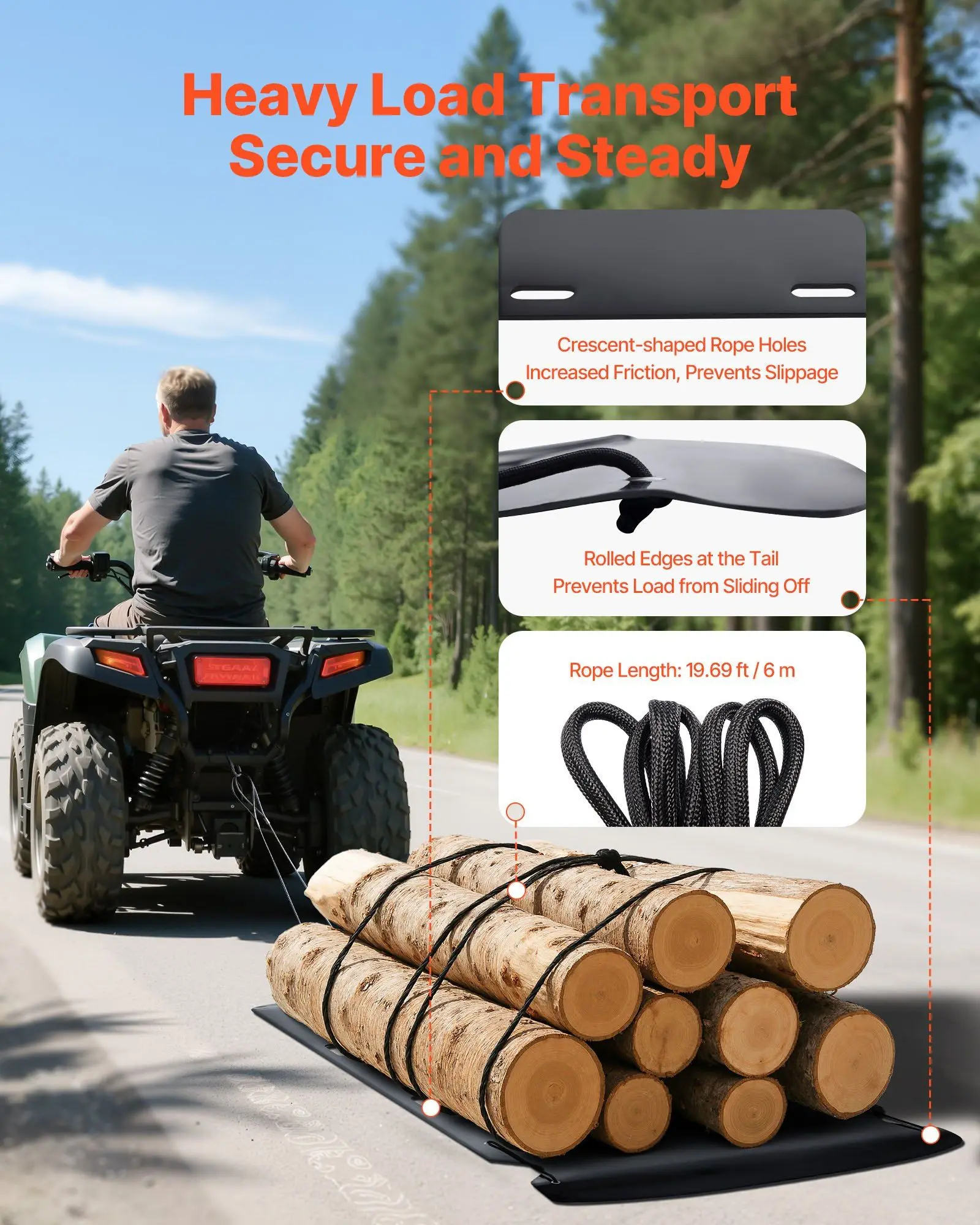 Traîneau utilitaire polyvalent 90x46 pouces, avec cordes et câbles de traction, traîneau de traînée de cour, planeur de traînée en HDPE robuste de 1500 lb