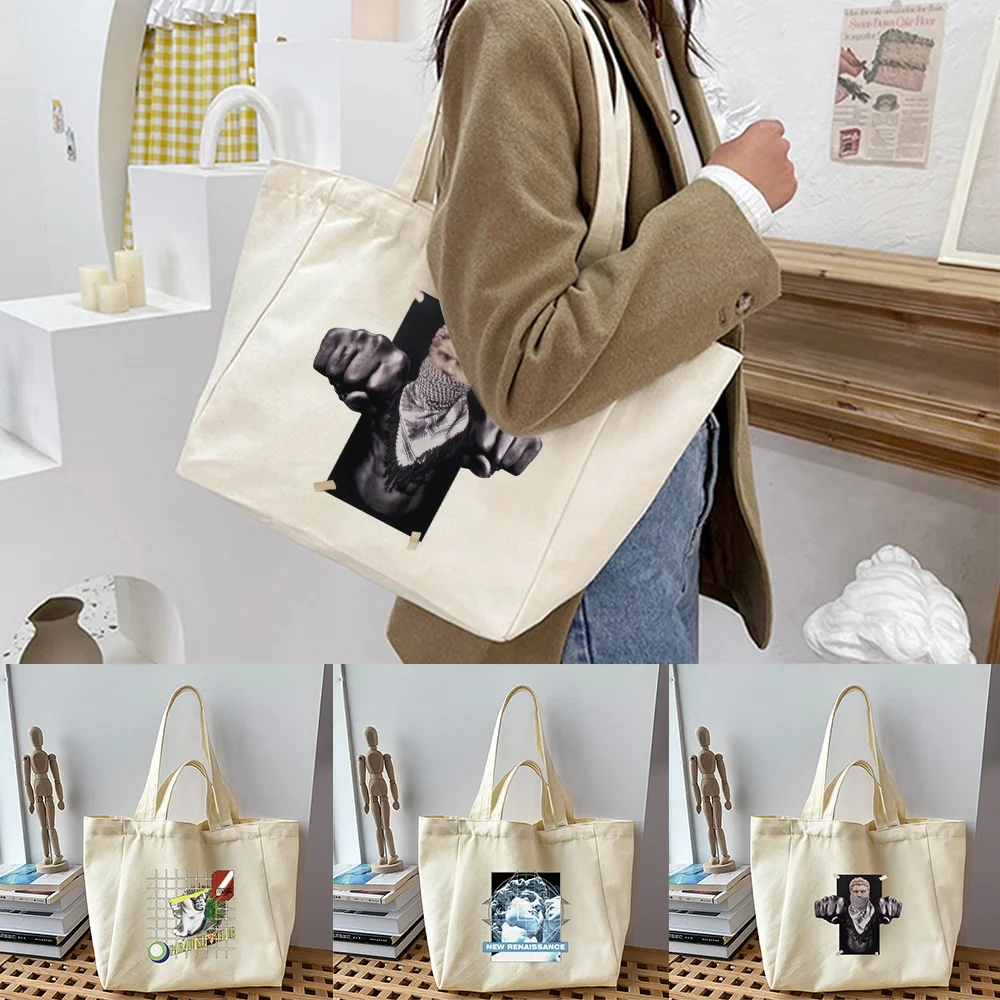 

Shopping Bags Summer New Sculpture Series Print Korean Style Shoulder Canvas Bags Large Capacity Wild Tote Bag Cute Fun Handbags