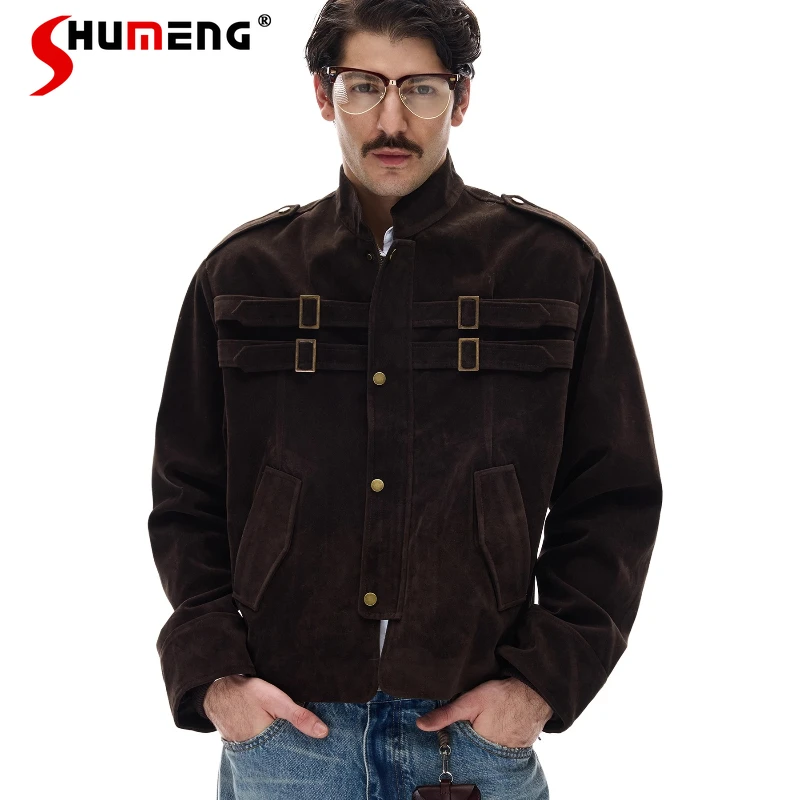 

Men's 2025 Autumn New Retro Faux Leather Jacket Coats Men Women Splicing Design Chic Jackets High-end Stylish Faux Leather Tops