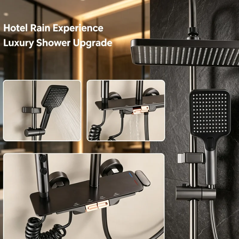 Matte Piano Key Shower Set Thermostatic Mixer Tap Rainfall Head Handheld Sprayer Bathroom Faucet High Pressure Valve