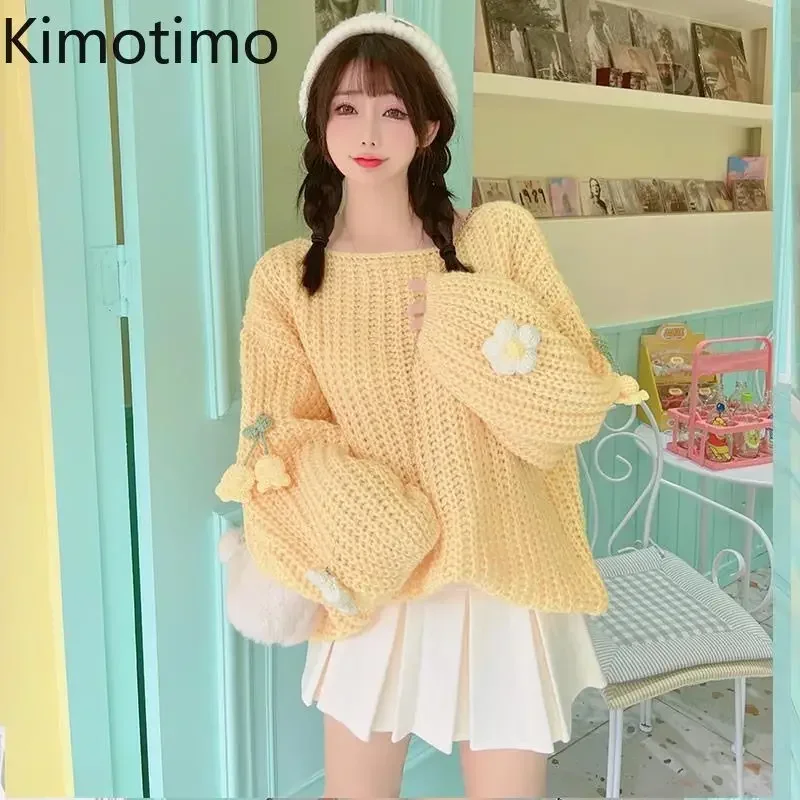 Kimotimo 2024 Autumn Winter 3D Flowers Sweater Women O-neck Loose Soft Kawaii Knitted Pullover Sweet Lazy Style Long Sleeve Tops