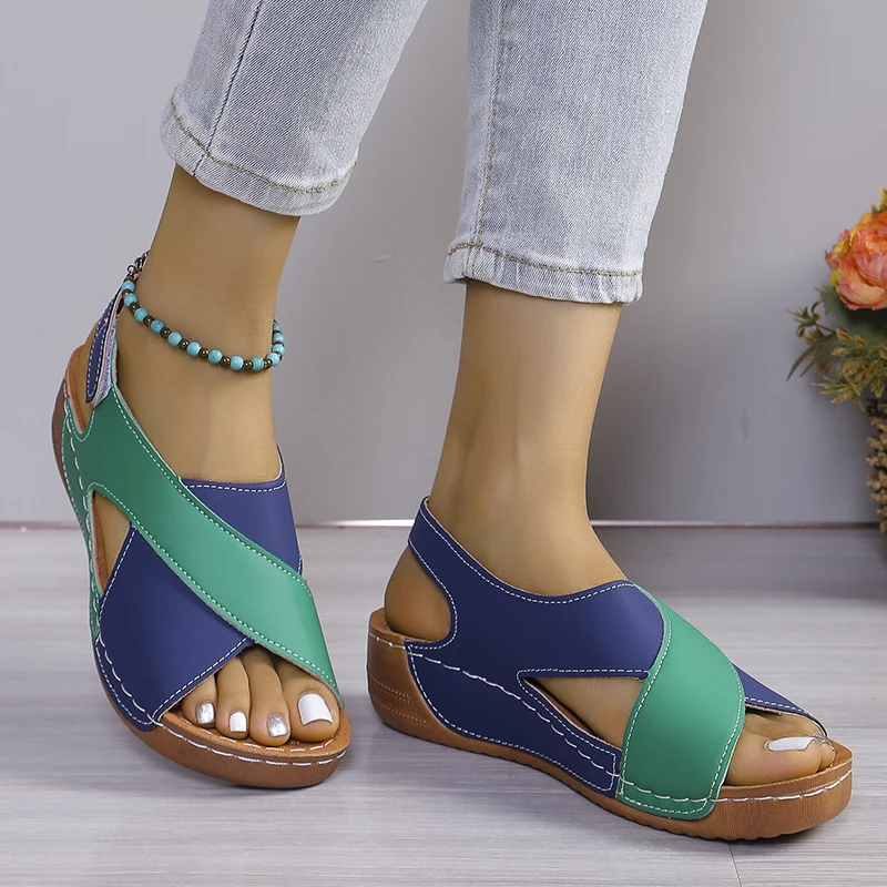 2025 Women's Contrast Color Wedge Sandals Summer Peep Toe Non Slip Beach Shoes Woman Comfortable Platform Roman Sandalias Mujer