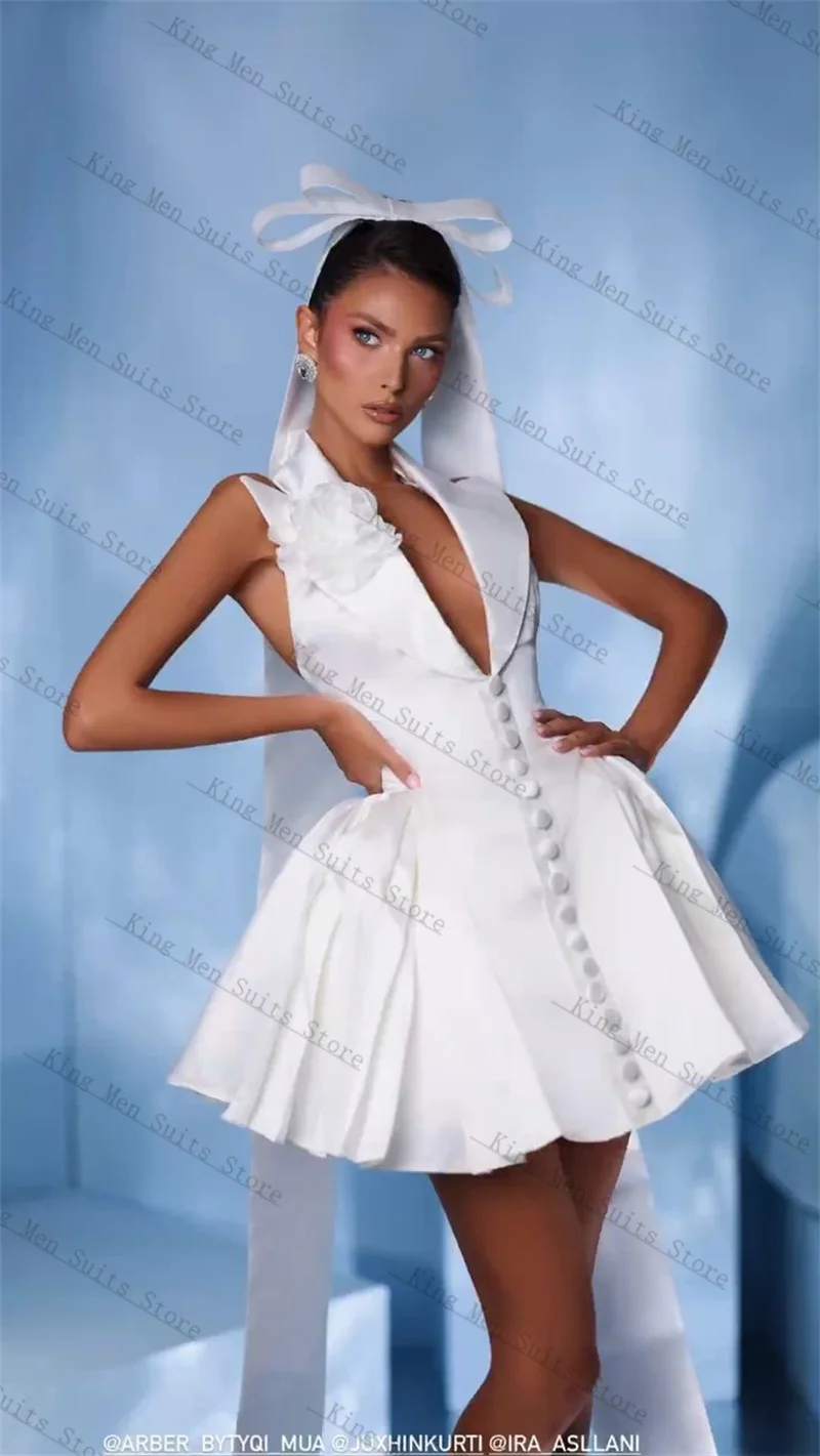 

White Women Suits 1 Pieces Vest Skirt Prom Dress Sexy V Neck 3D Flower Customized Office Lady Jacket Wedding Sleeveless Coat