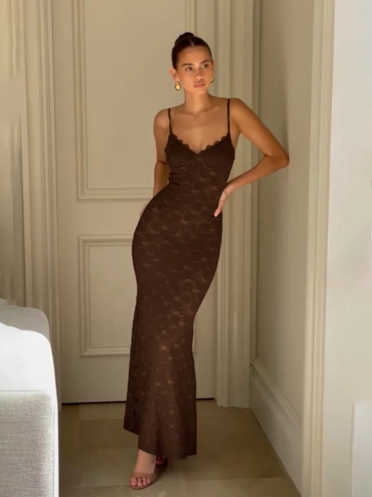 레이스 발로우 아웃 서스펜더 드레스 여성용 슬림 하이웨이스트 롱 스커트 유럽 스타일 홀로우 아웃 발로우 가운